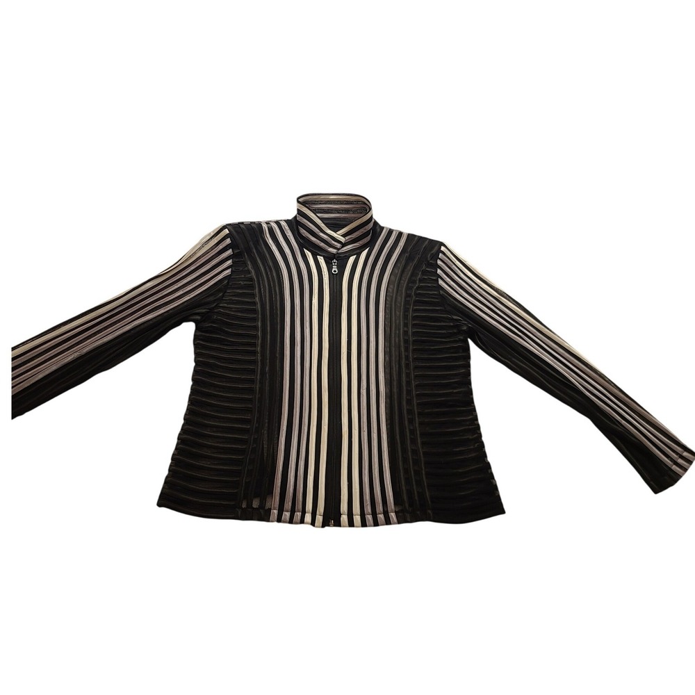 Damee Inc. Women's XL Black White Silver Mesh Ribbon Stripe Zip Front Jacket